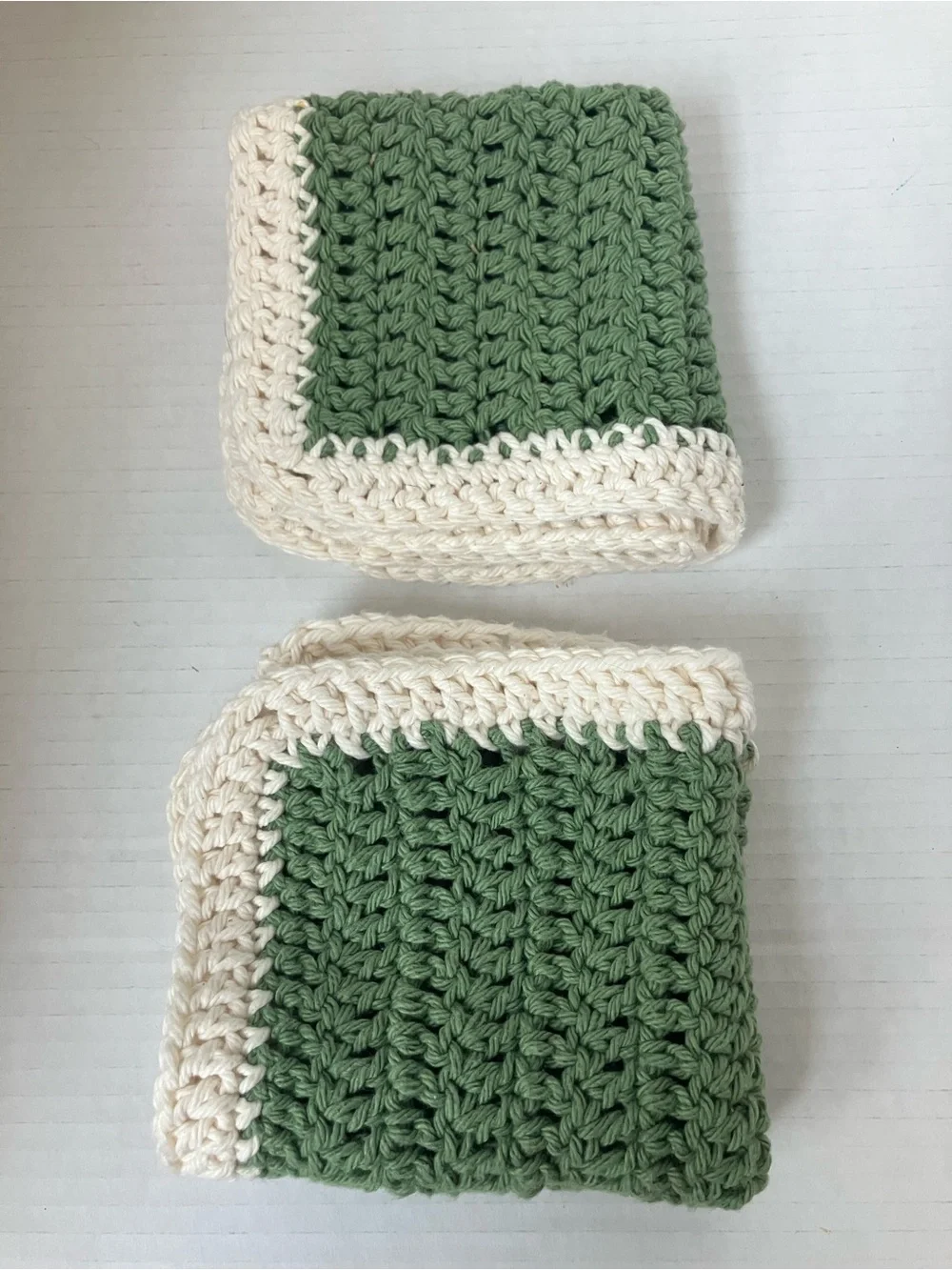 Handmade Green and Cream Crochet Kitchen Wash Cloths Set of Two 10”